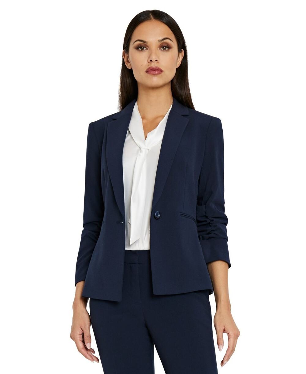 Tahari ASL Women's Ruched-Sleeve One-Button Blazer Blue Size 16 3855
